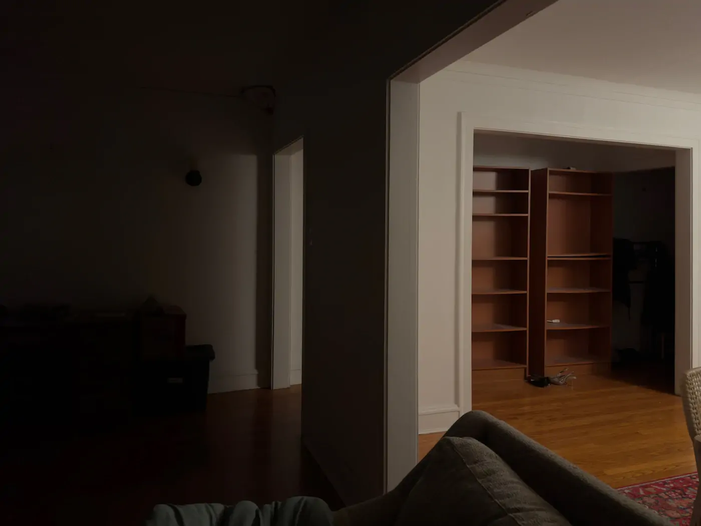 Finished interior with built-in bookshelves