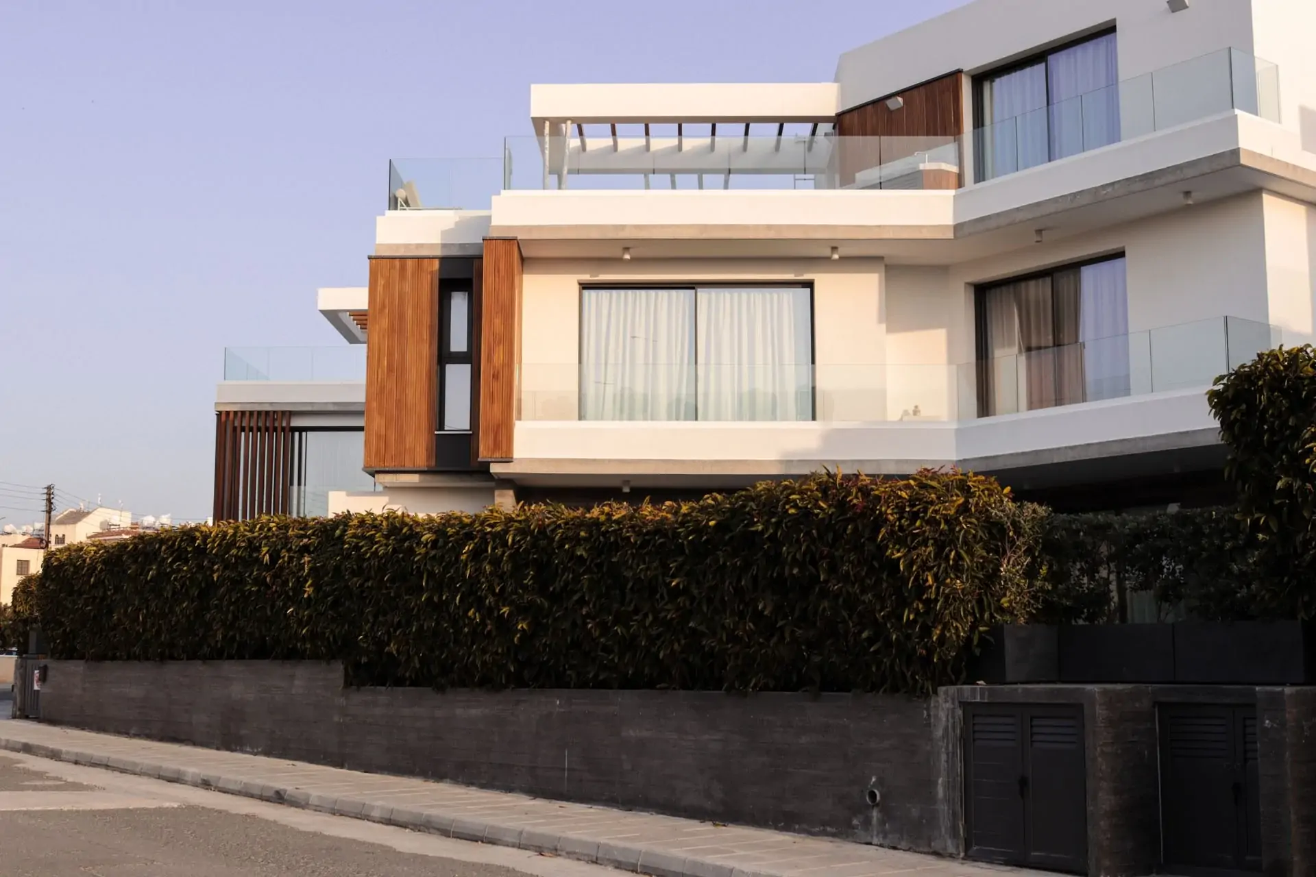 Contemporary villa with minimalist architecture at dusk