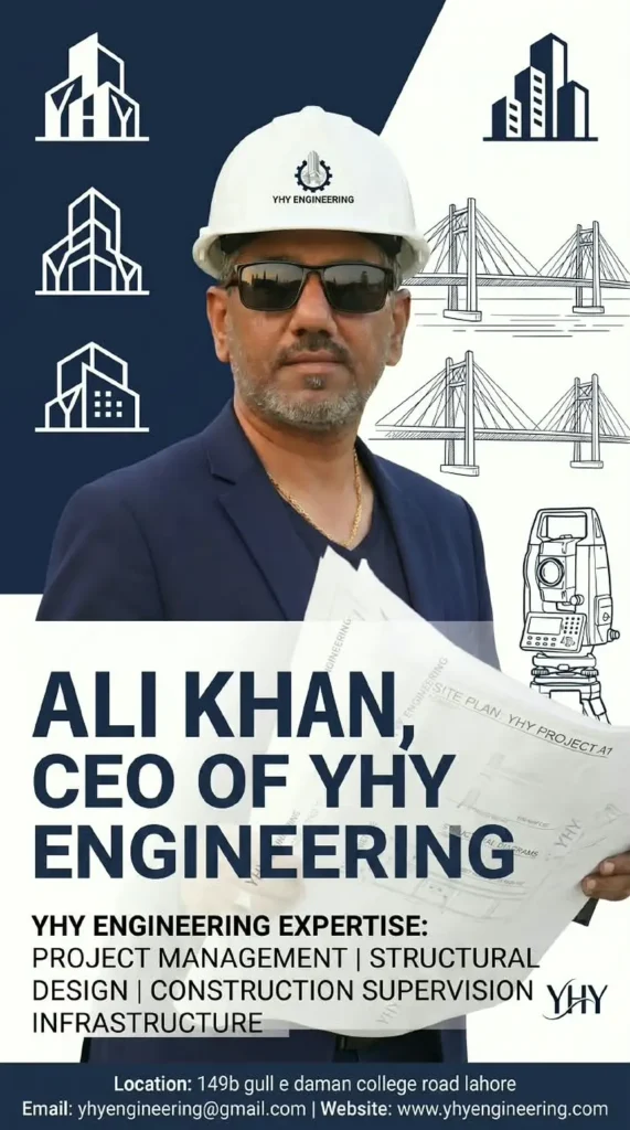 Ali Khan, CEO of YHY Engineering, in a YHY hard hat holding site plans