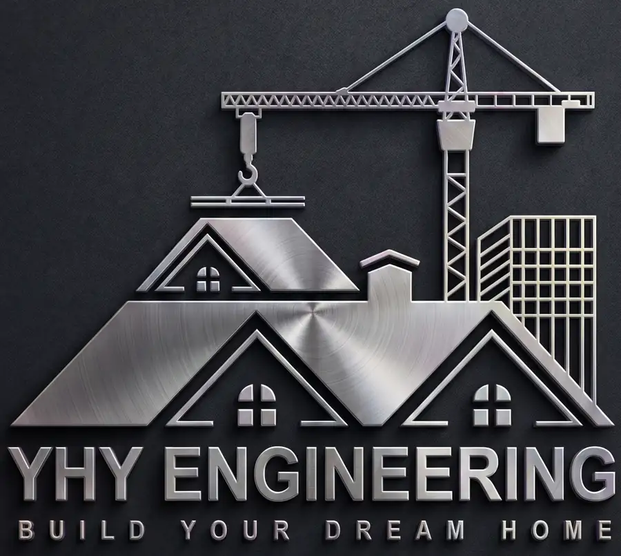 YHY Engineering brushed-metal emblem: houses, crane and building with the tagline Build Your Dream Home