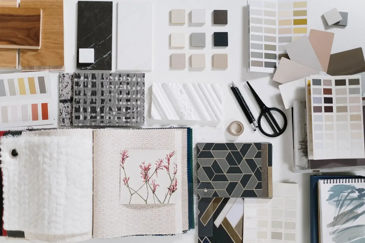 Flat lay of interior material and colour samples