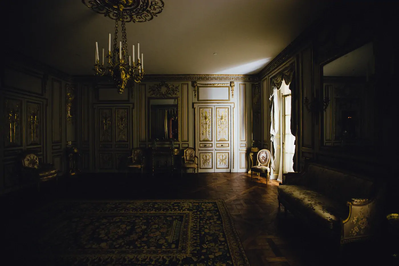 Living room with sofa and chandelier