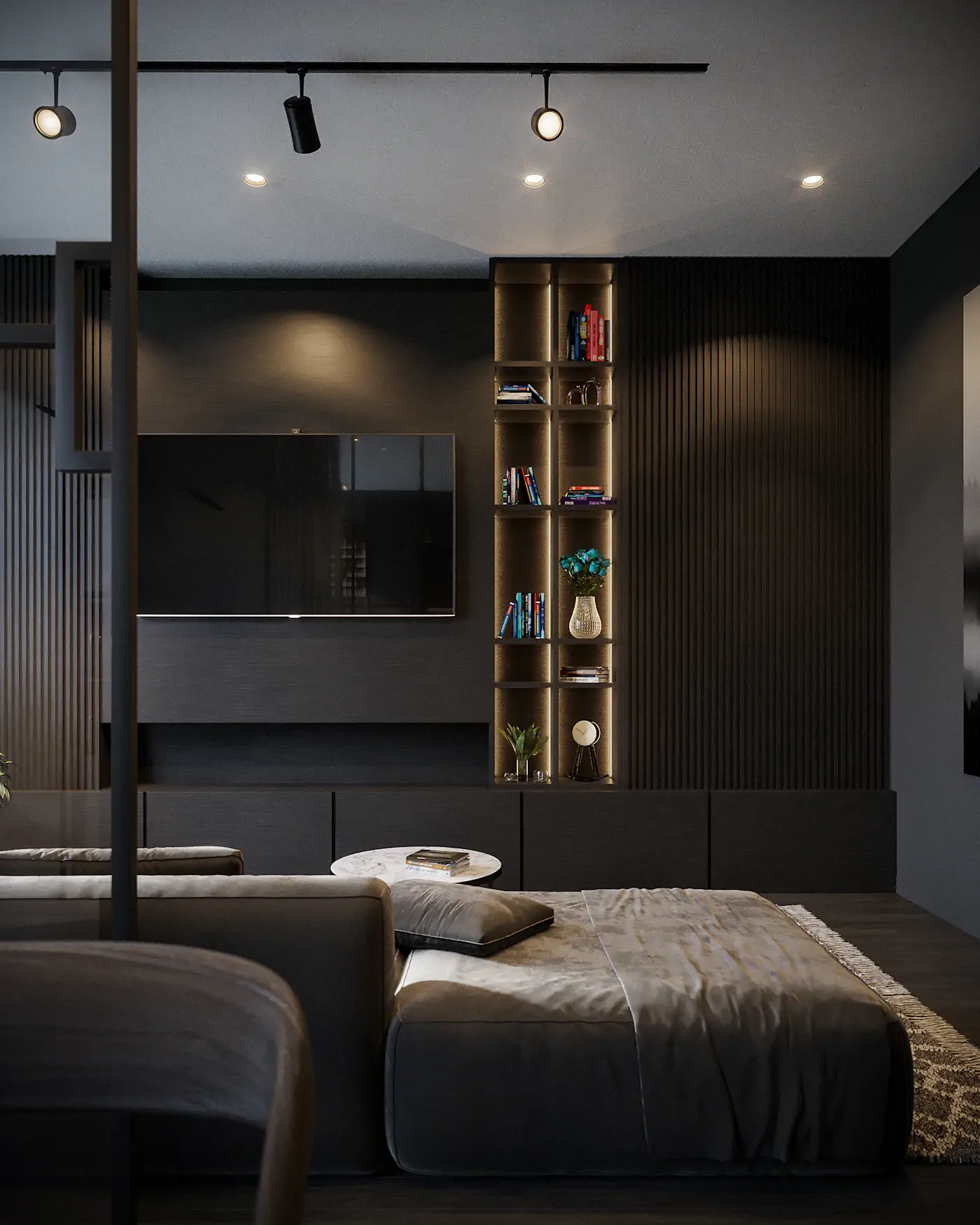 Private residence bedroom with large mirror