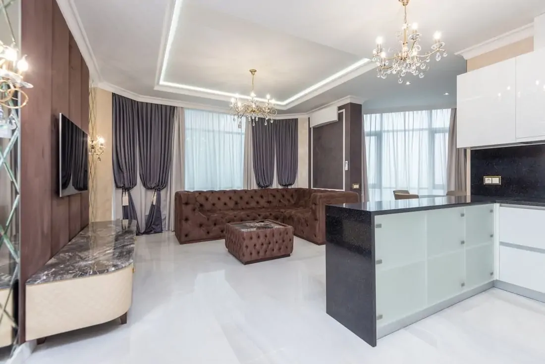 Modern residence living room with chandeliers and sofa
