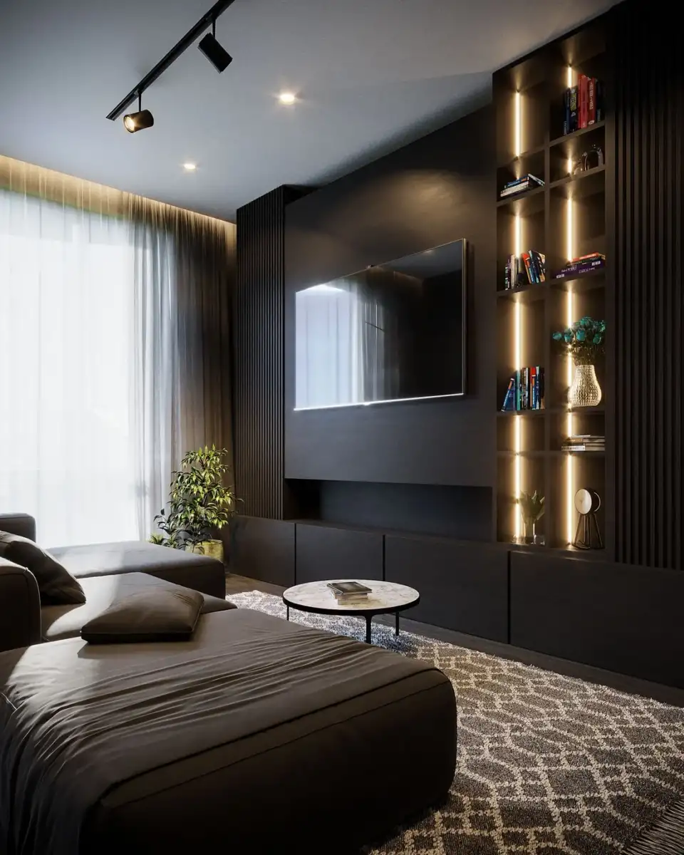 Modern residence lounge with dark finishes