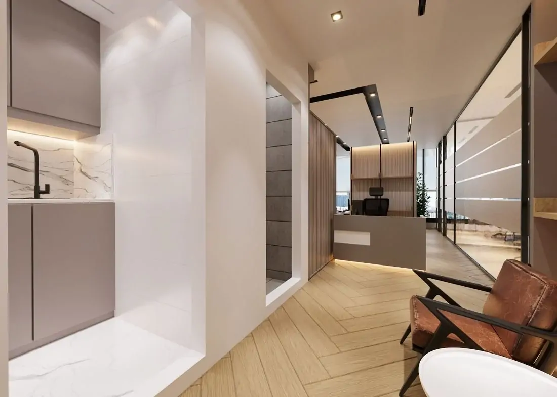 Contemporary office interior with marble and wood finishes