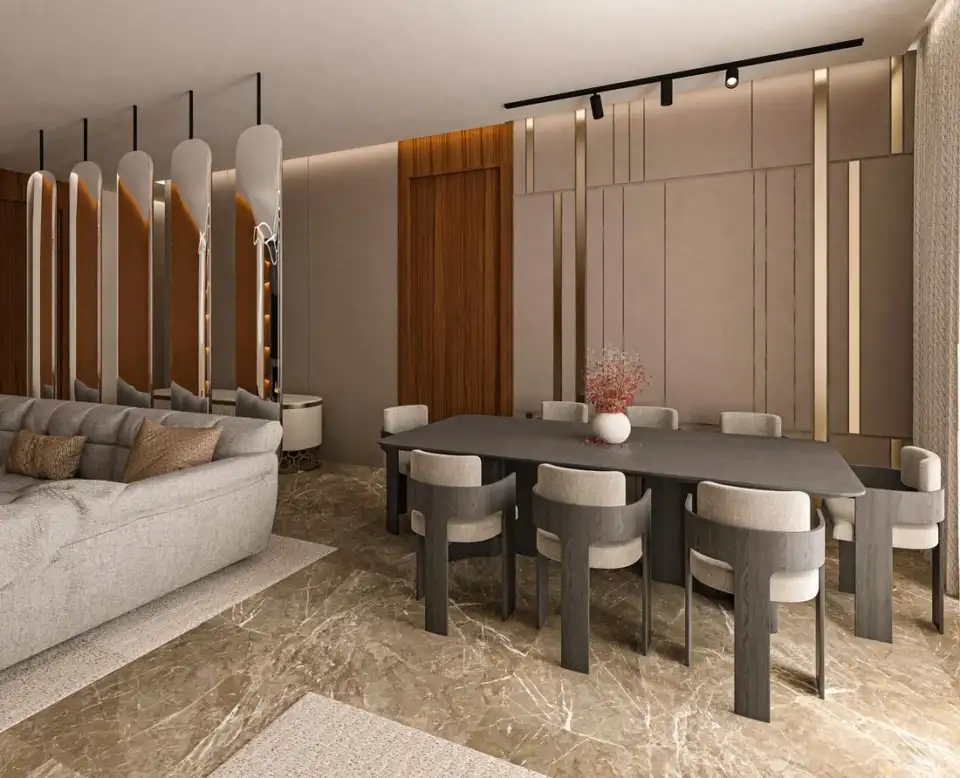 Luxury dining area with warm wood panelling