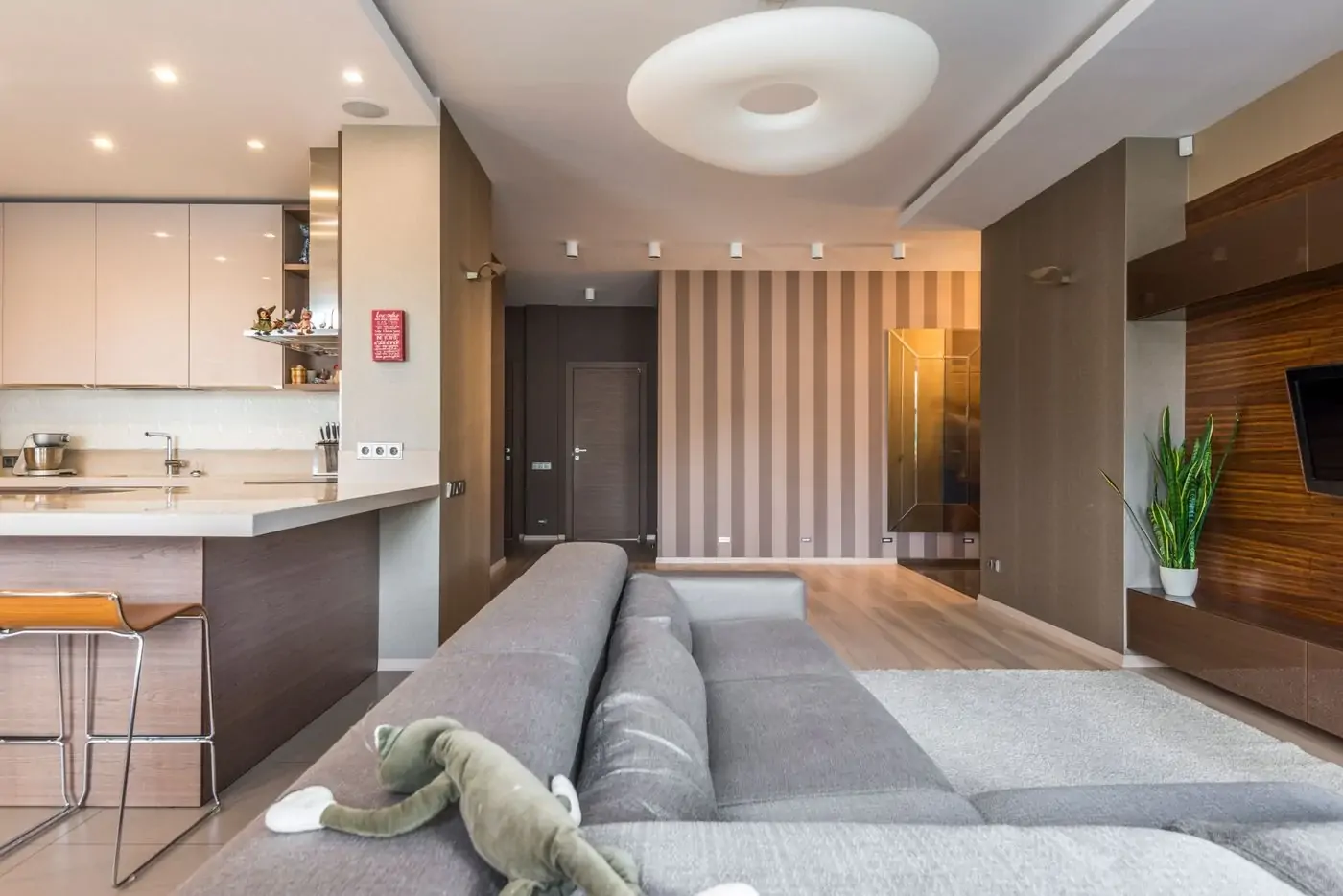 Open-plan living room and kitchen with minimalist finishes
